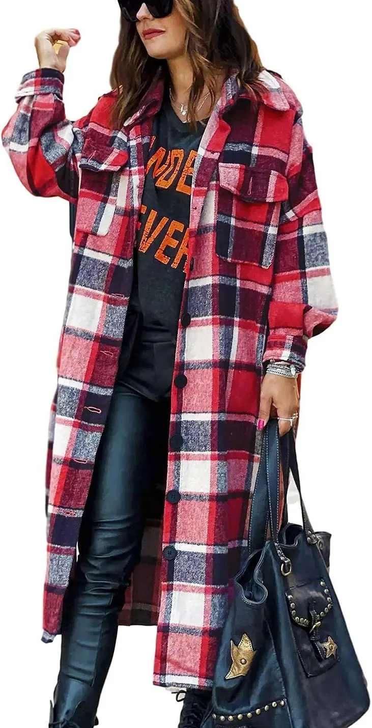 PUWEI Women's Casual Lapel Button Down Long Plaid Shirt Coat Tartan Shacket Jacket
