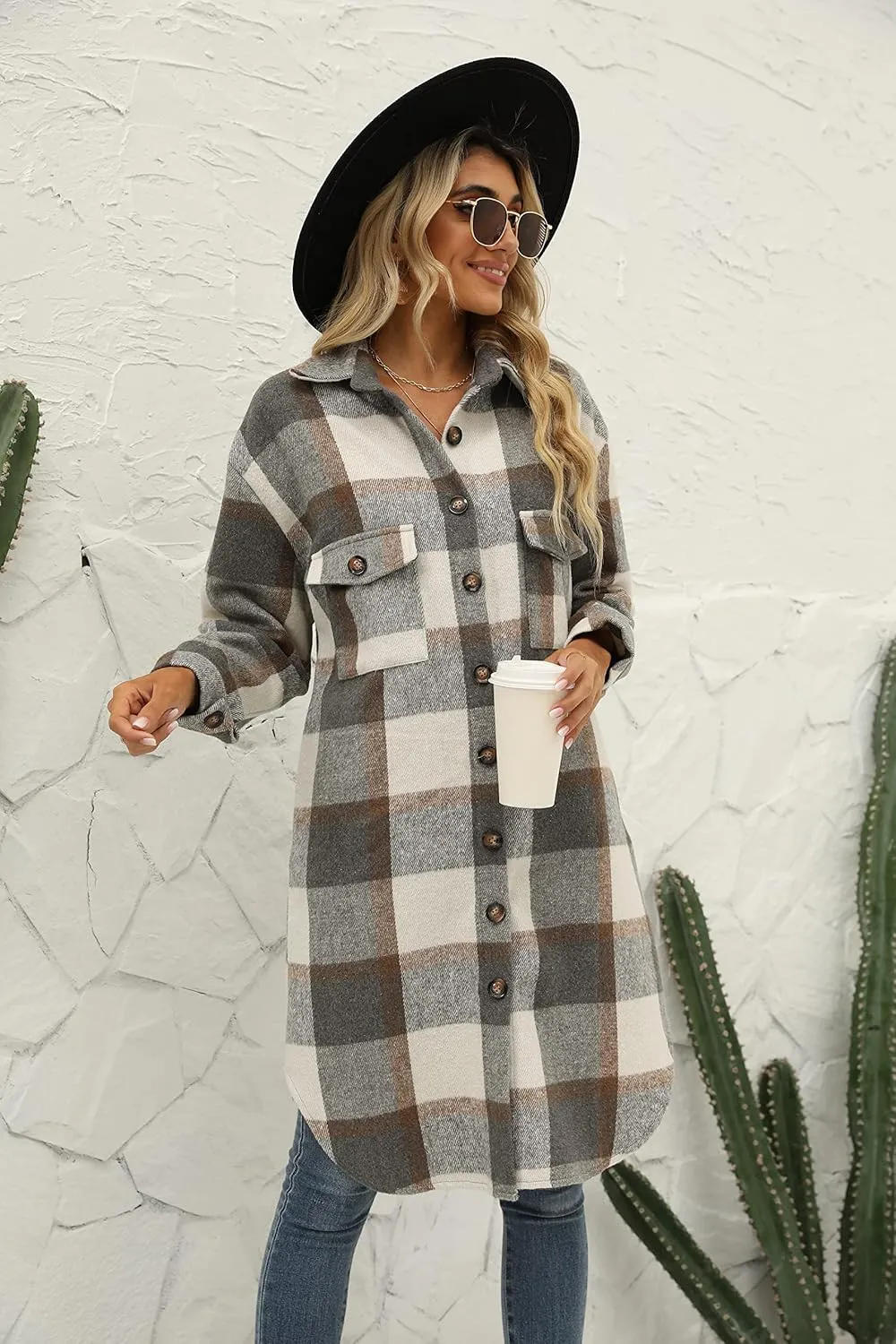 PUWEI Women's Casual Lapel Button Down Long Plaid Shirt Coat Tartan Shacket Jacket