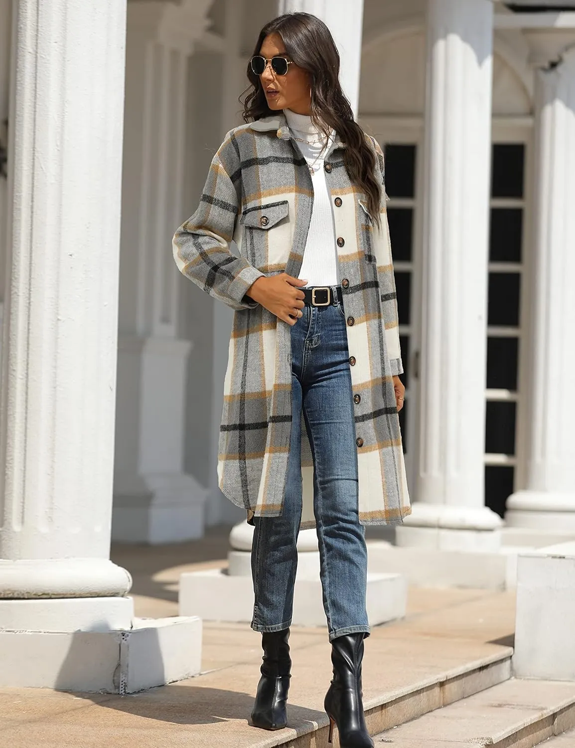 PUWEI Women's Casual Lapel Button Down Long Plaid Shirt Coat Tartan Shacket Jacket