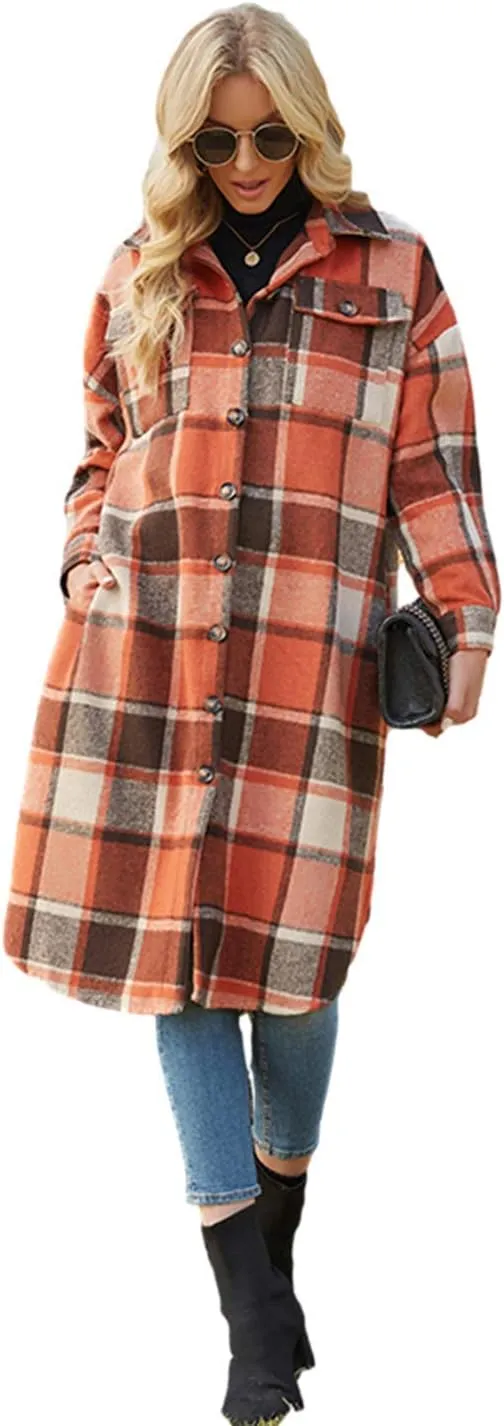 PUWEI Women's Casual Lapel Button Down Long Plaid Shirt Coat Tartan Shacket Jacket