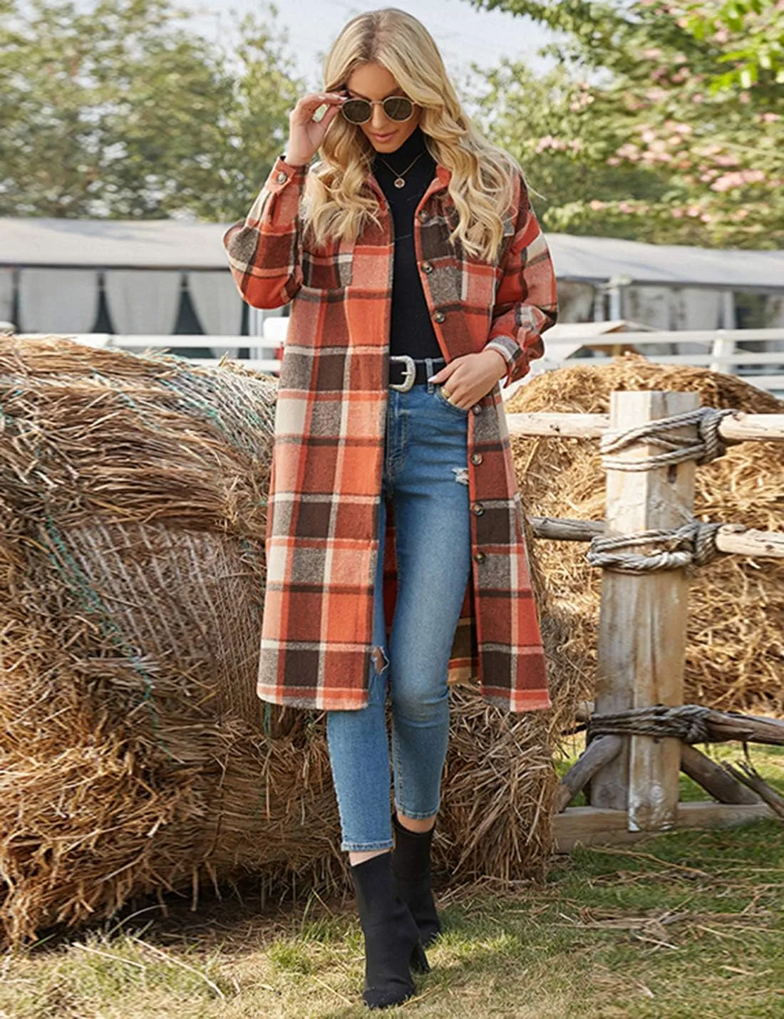 PUWEI Women's Casual Lapel Button Down Long Plaid Shirt Coat Tartan Shacket Jacket