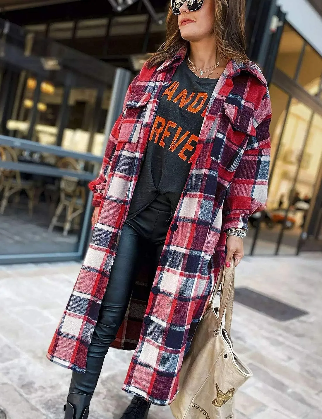 PUWEI Women's Casual Lapel Button Down Long Plaid Shirt Coat Tartan Shacket Jacket