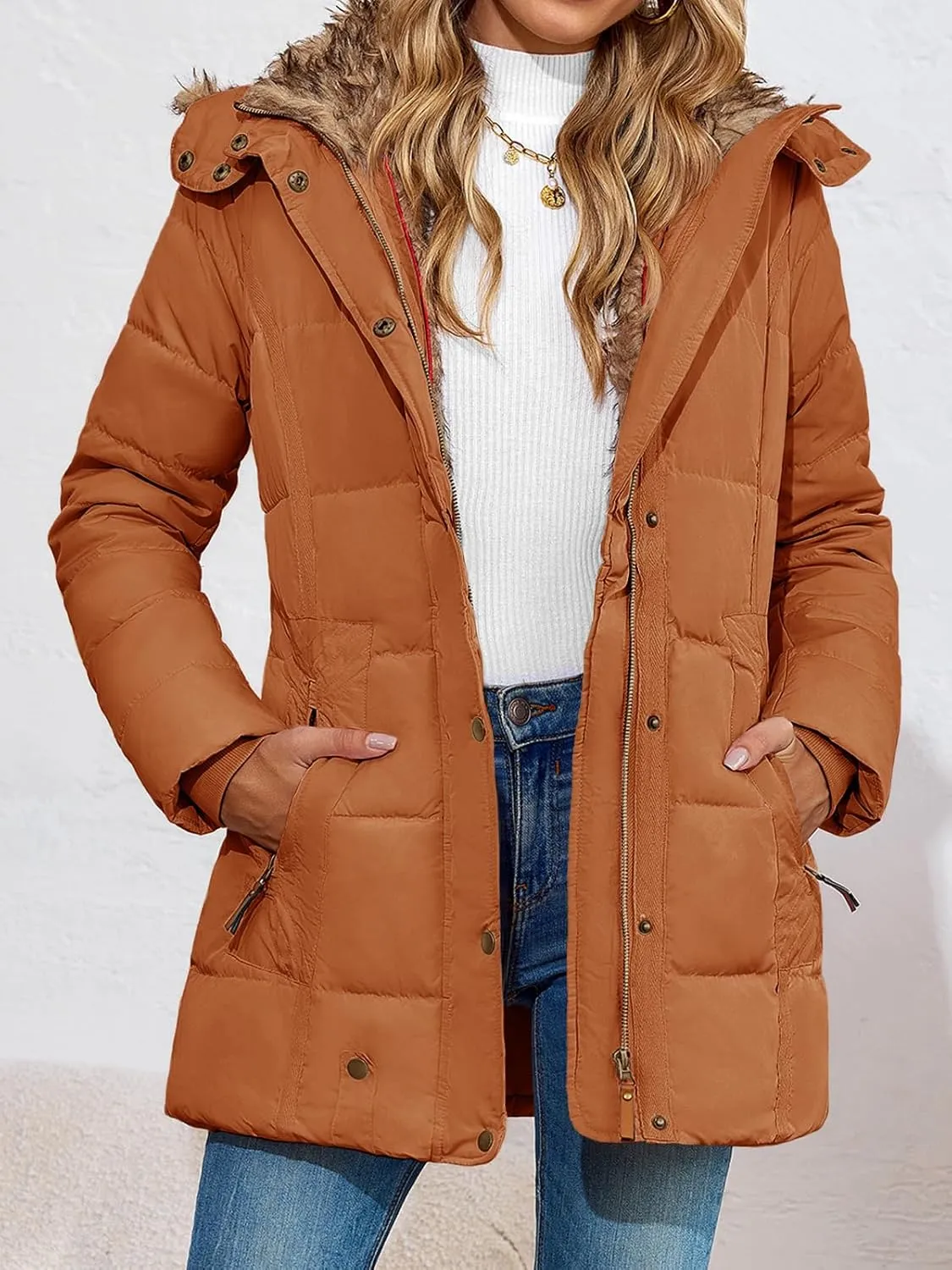 Remikstyt Womens Coats Winter Zipper Hooded Faux Fur Inside Down Jackets
