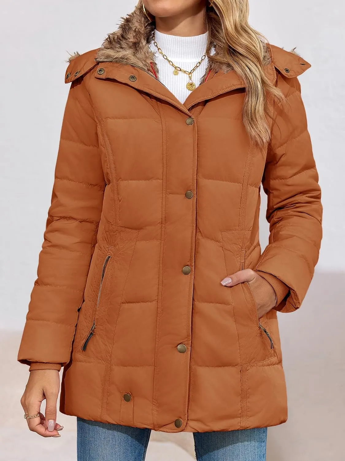 Remikstyt Womens Coats Winter Zipper Hooded Faux Fur Inside Down Jackets