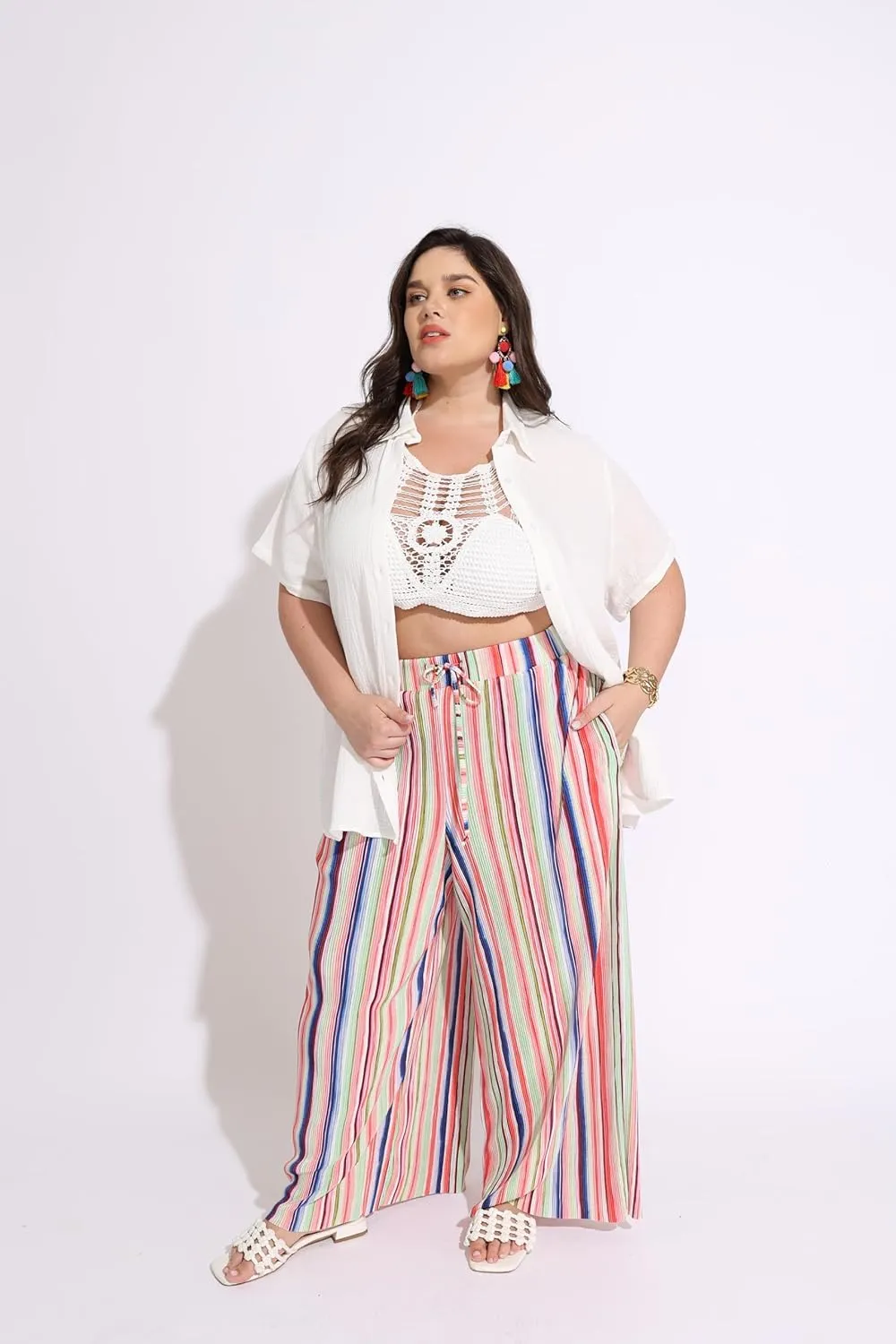 RITERA Womens Plus Size Elastic Waist Wide Leg Pants with Pockets Casual Loose High Waist Pleated Lounge Palazzo Trousers