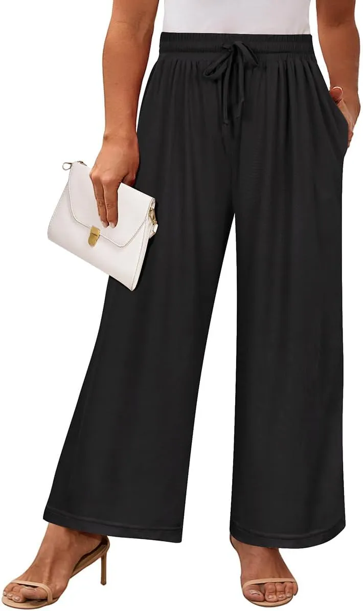 RITERA Womens Plus Size Elastic Waist Wide Leg Pants with Pockets Casual Loose High Waist Pleated Lounge Palazzo Trousers