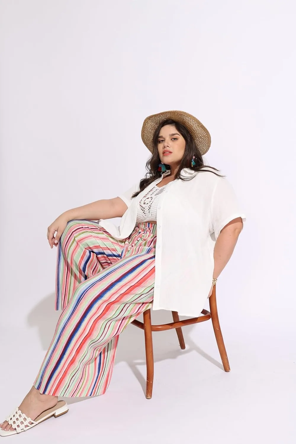 RITERA Womens Plus Size Elastic Waist Wide Leg Pants with Pockets Casual Loose High Waist Pleated Lounge Palazzo Trousers