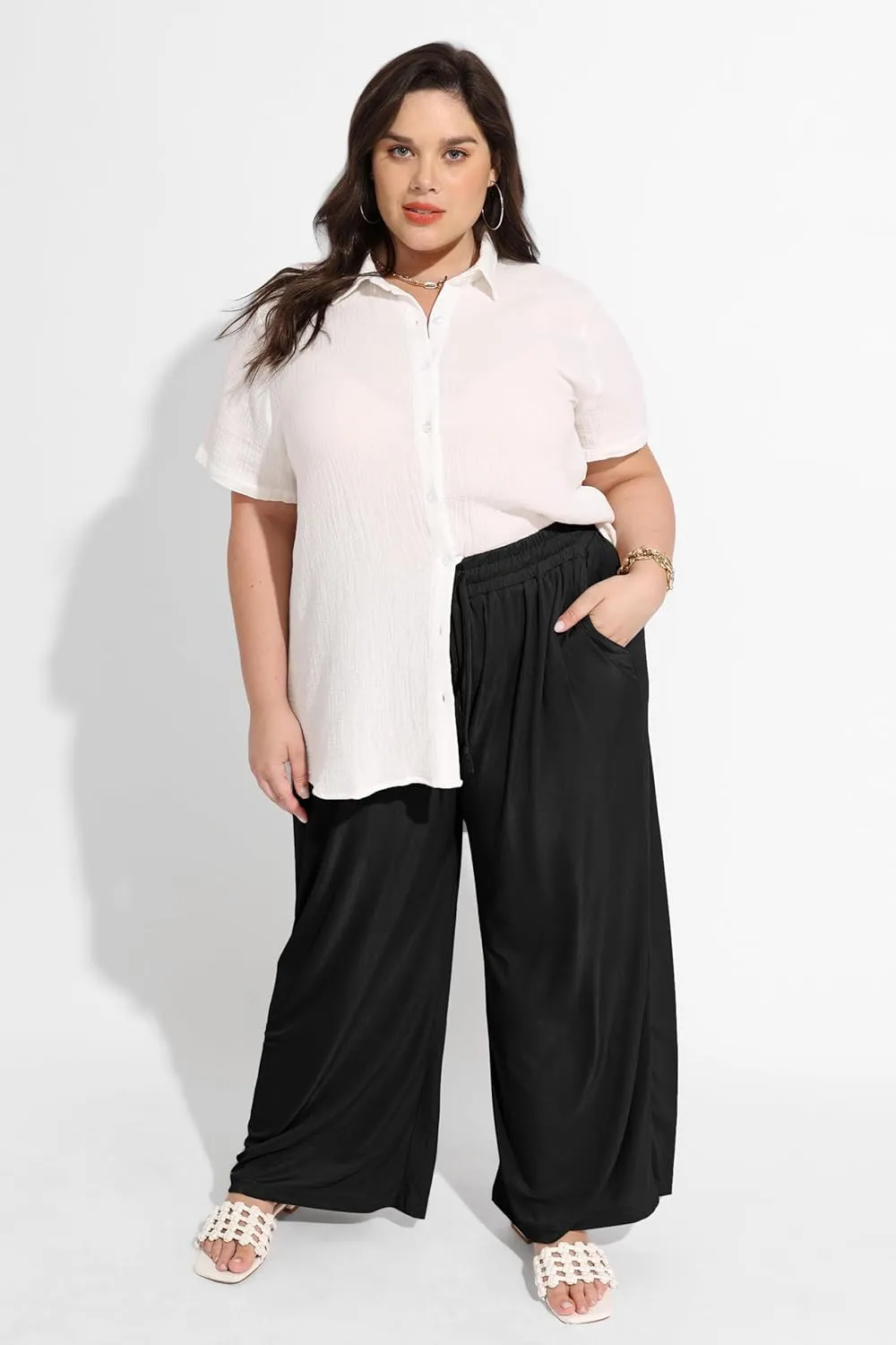 RITERA Womens Plus Size Elastic Waist Wide Leg Pants with Pockets Casual Loose High Waist Pleated Lounge Palazzo Trousers