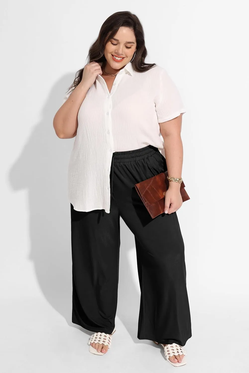 RITERA Womens Plus Size Elastic Waist Wide Leg Pants with Pockets Casual Loose High Waist Pleated Lounge Palazzo Trousers