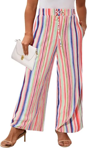 RITERA Womens Plus Size Elastic Waist Wide Leg Pants with Pockets Casual Loose High Waist Pleated Lounge Palazzo Trousers