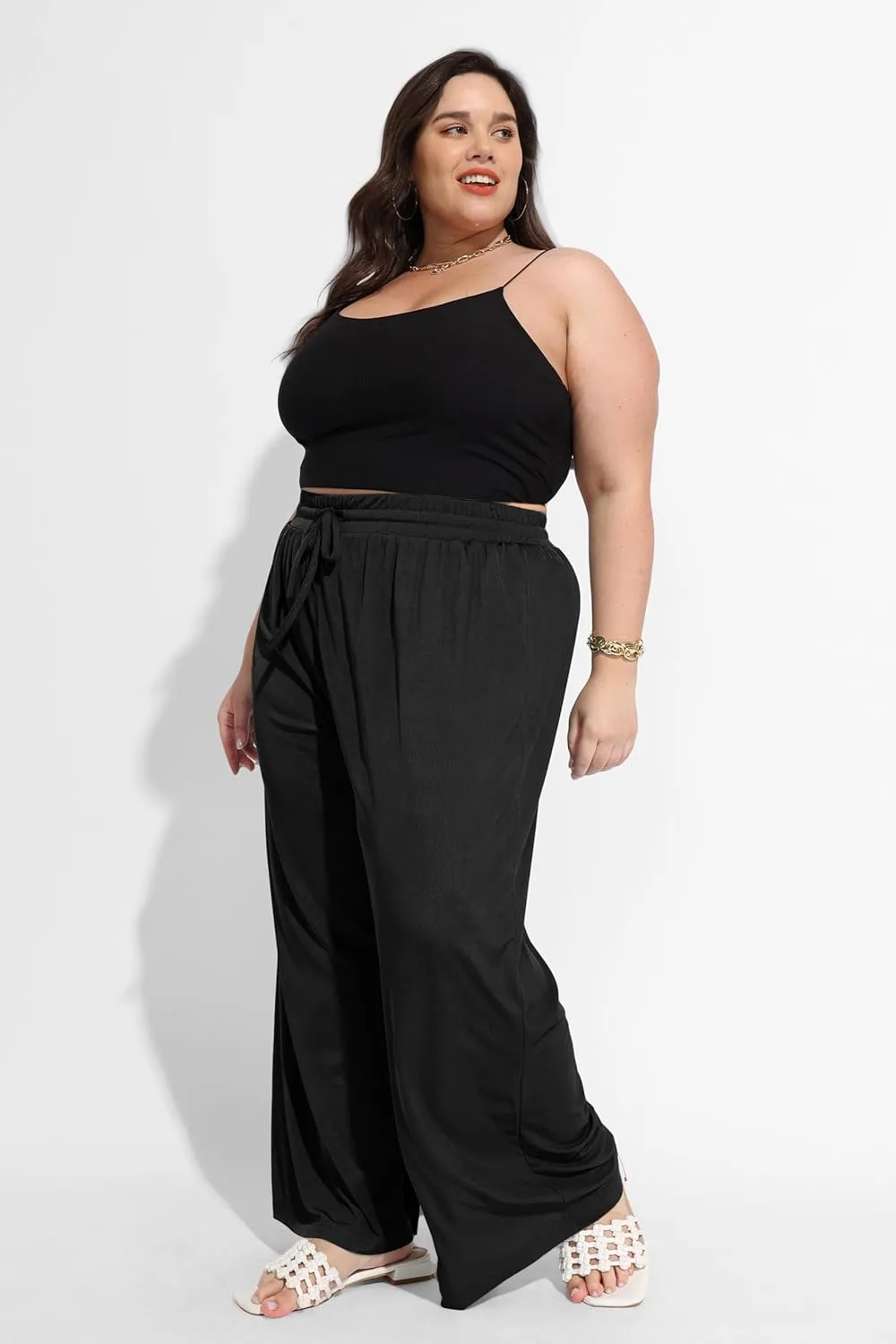 RITERA Womens Plus Size Elastic Waist Wide Leg Pants with Pockets Casual Loose High Waist Pleated Lounge Palazzo Trousers