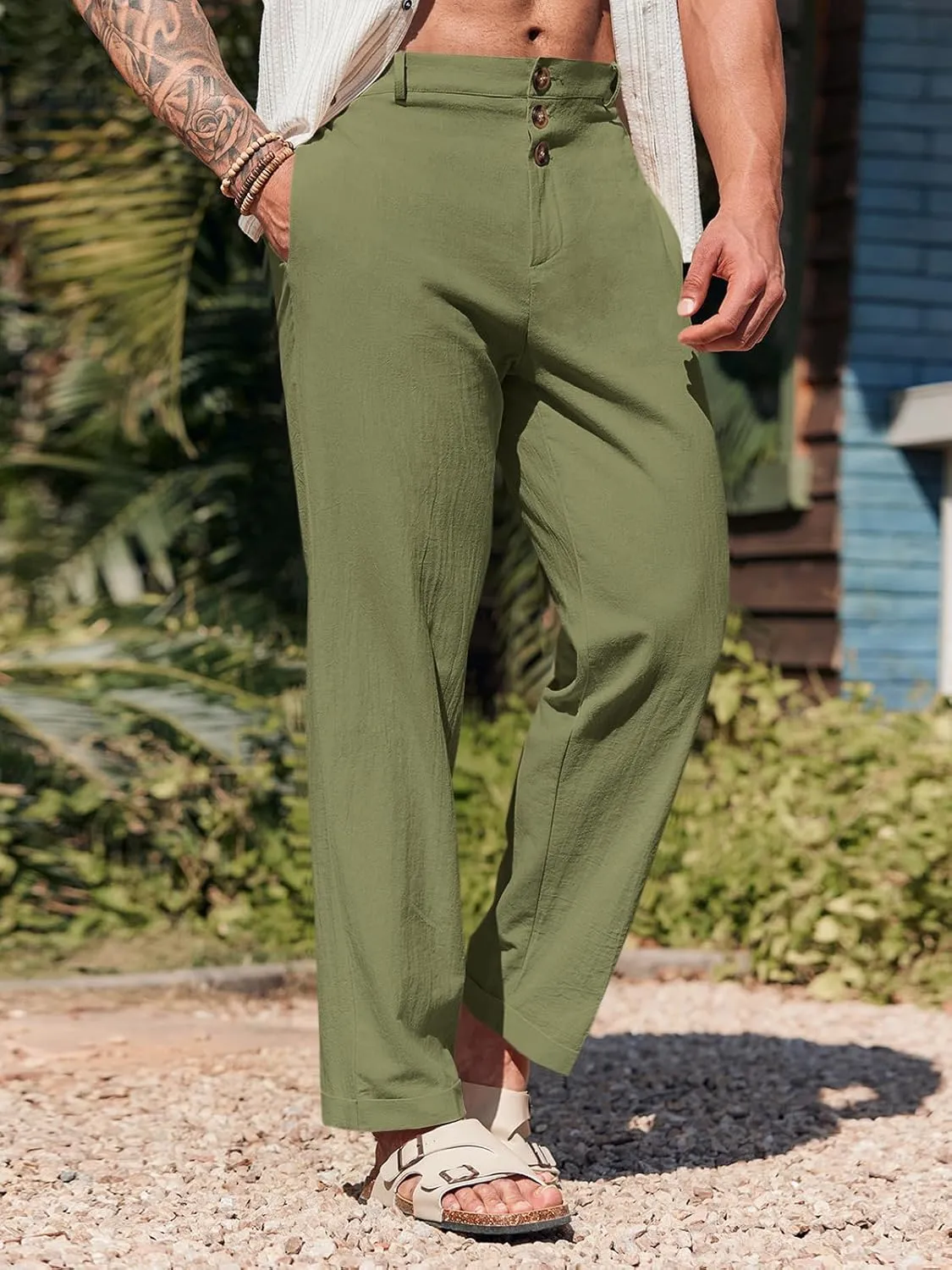Runcati Mens Cotton Linen Pants Elastic Waist Casual Lightweight Loose Fit Beach Yoga Pants