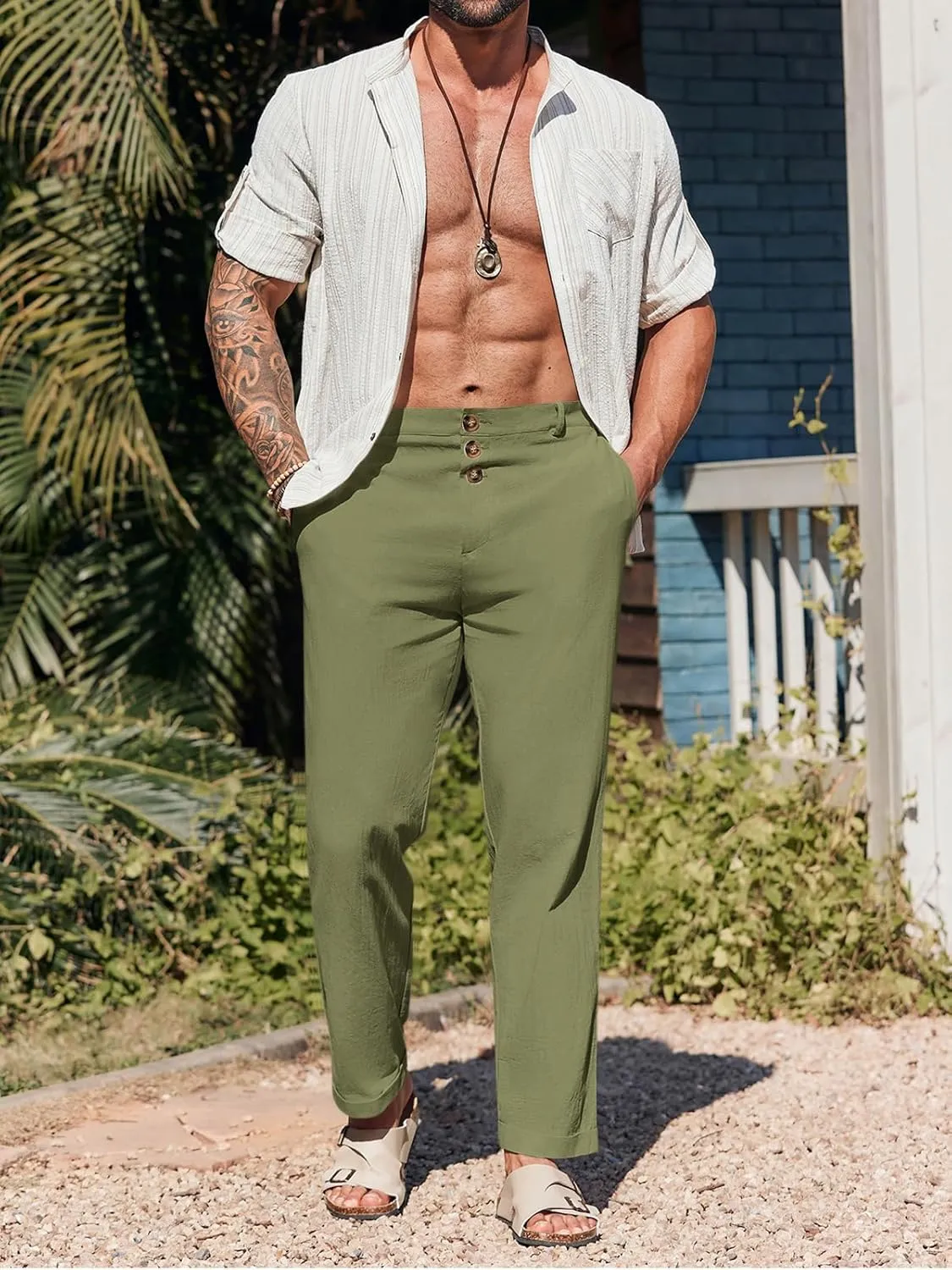 Runcati Mens Cotton Linen Pants Elastic Waist Casual Lightweight Loose Fit Beach Yoga Pants