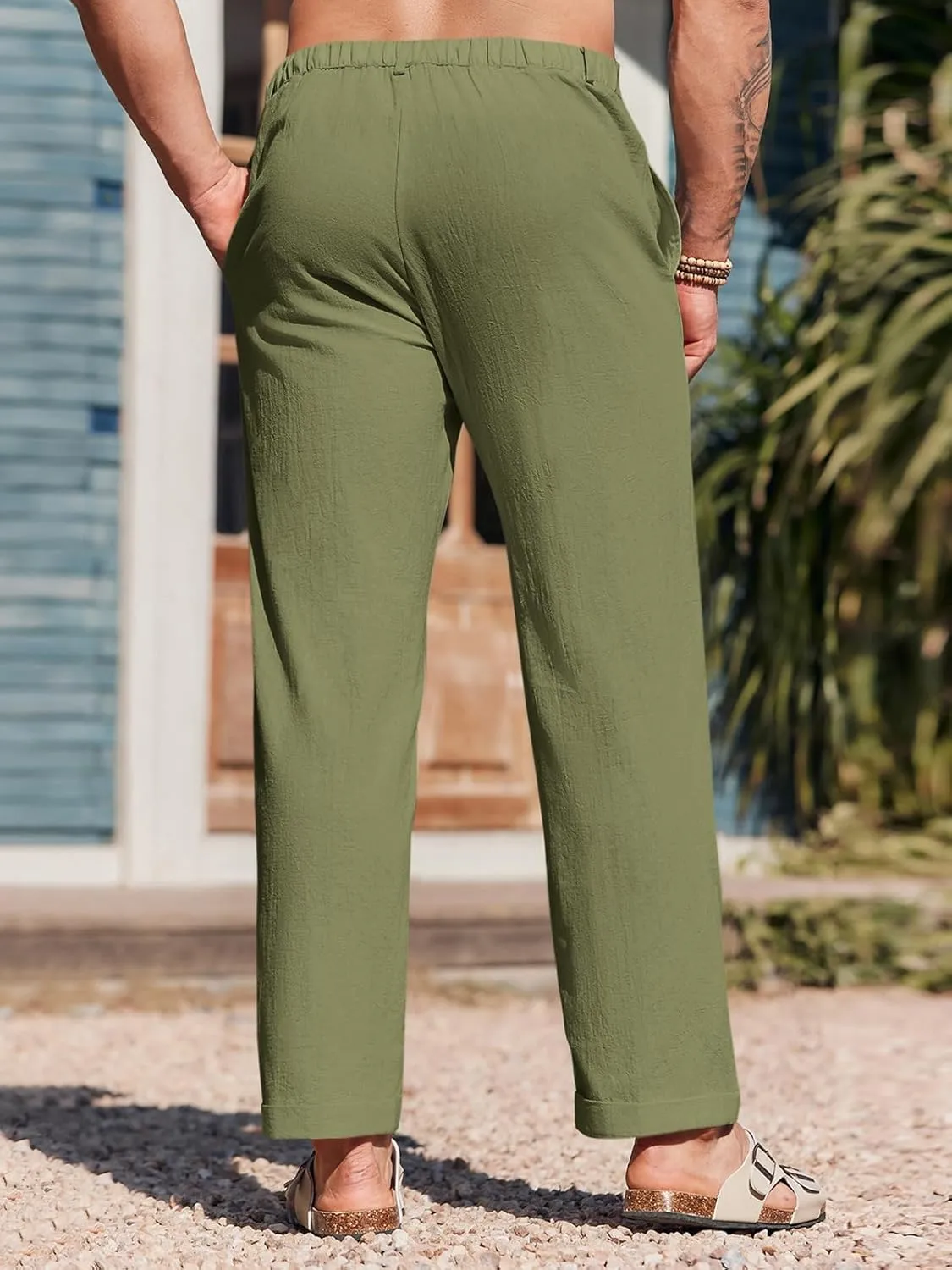 Runcati Mens Cotton Linen Pants Elastic Waist Casual Lightweight Loose Fit Beach Yoga Pants