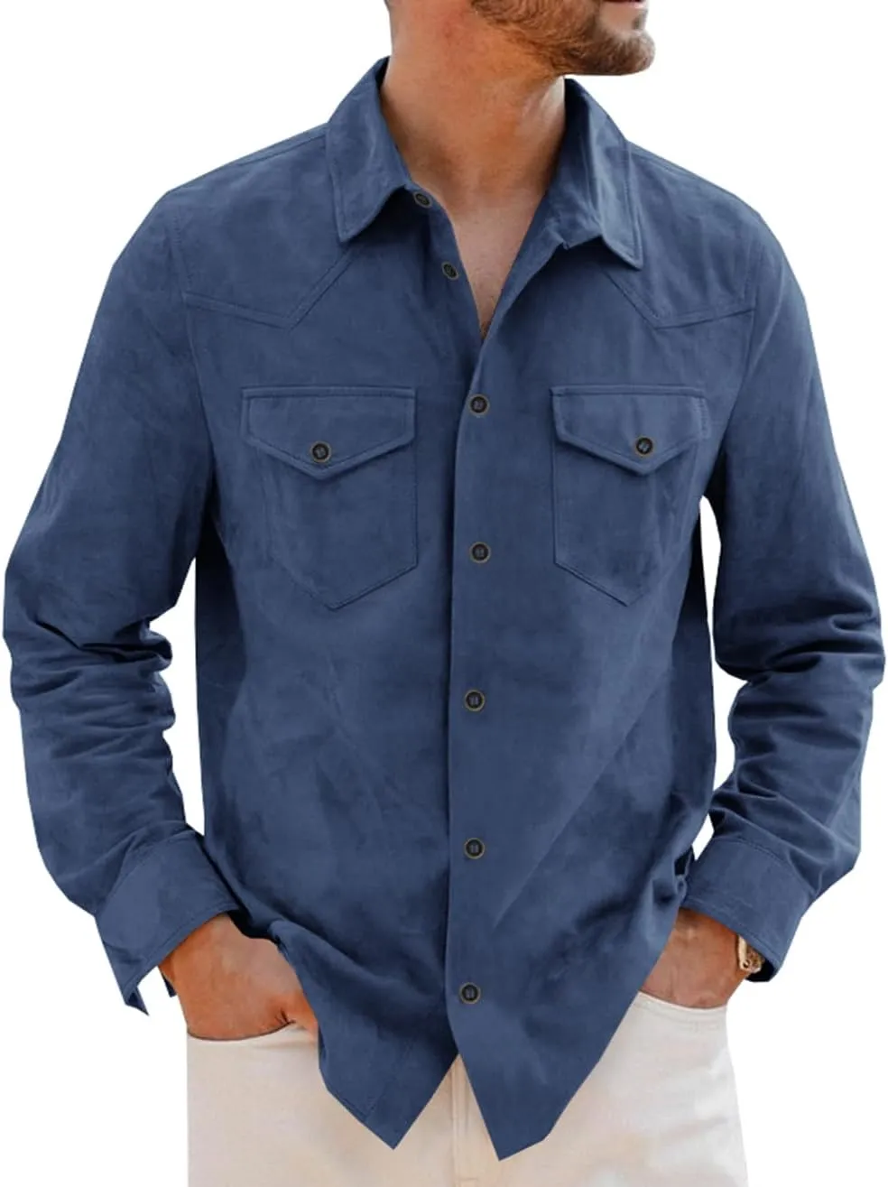 Runcati Mens Long Sleeve Suede Shirts Button Down Shacket Casual Work Western Regular Fit Shirt Jacket