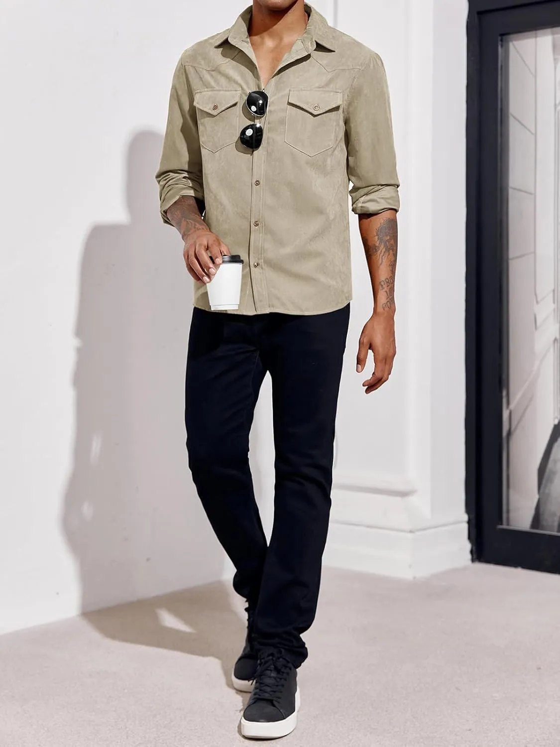 Runcati Mens Long Sleeve Suede Shirts Button Down Shacket Casual Work Western Regular Fit Shirt Jacket