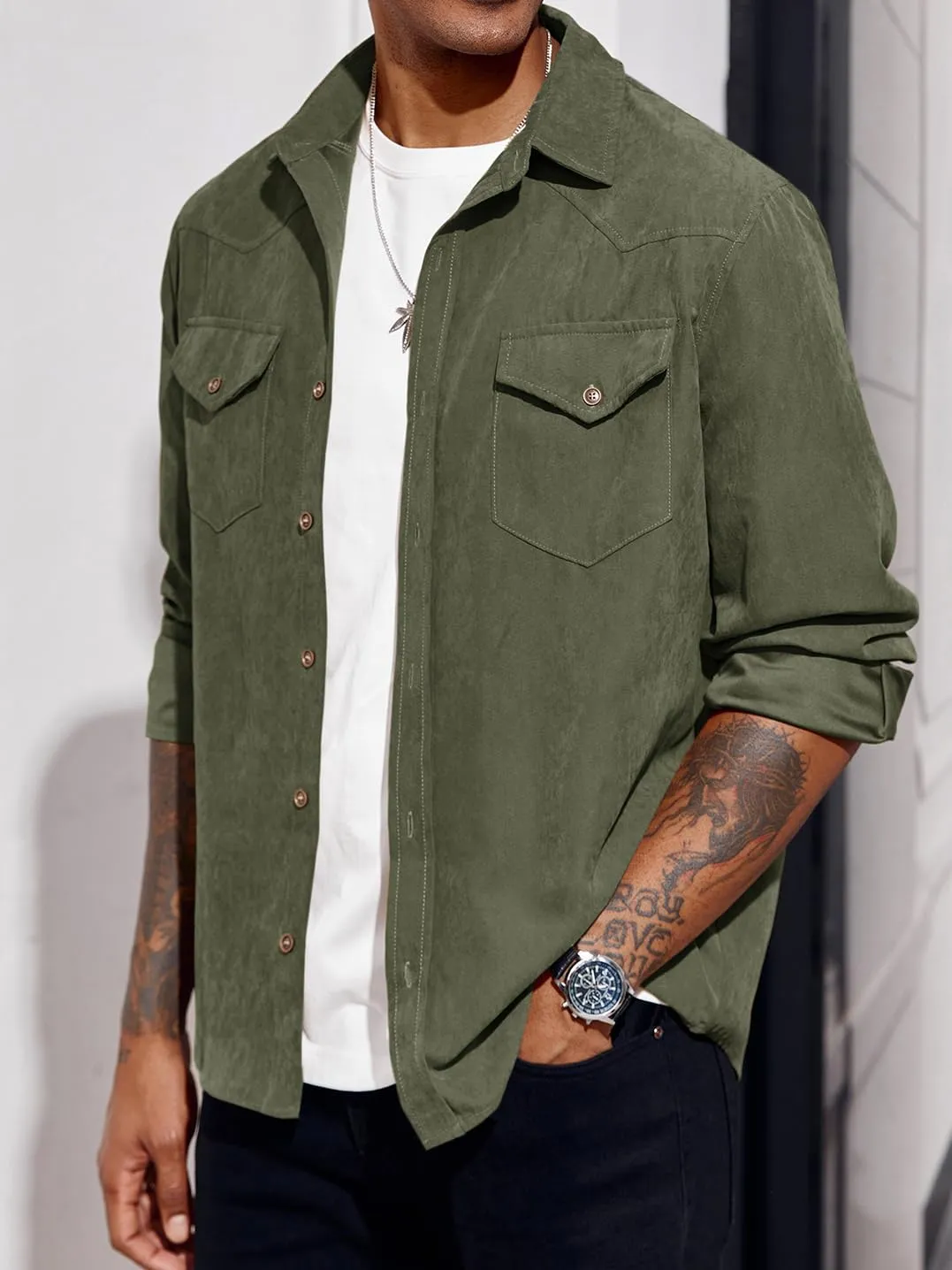 Runcati Mens Long Sleeve Suede Shirts Button Down Shacket Casual Work Western Regular Fit Shirt Jacket