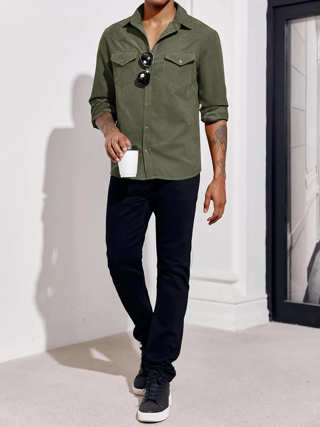 Runcati Mens Long Sleeve Suede Shirts Button Down Shacket Casual Work Western Regular Fit Shirt Jacket