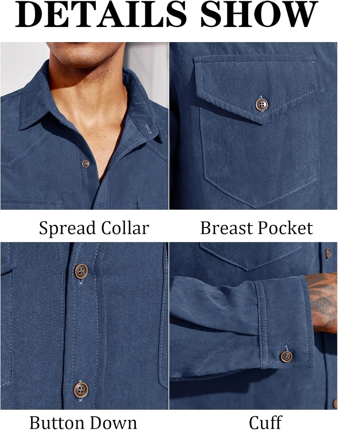 Runcati Mens Long Sleeve Suede Shirts Button Down Shacket Casual Work Western Regular Fit Shirt Jacket