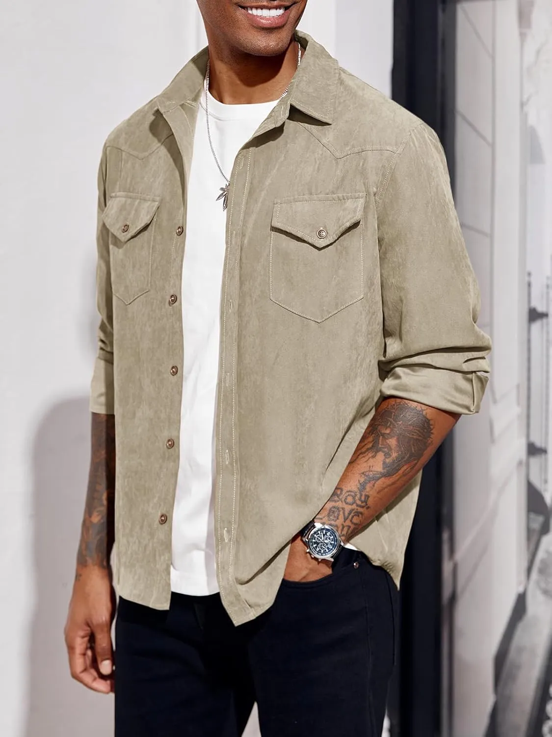 Runcati Mens Long Sleeve Suede Shirts Button Down Shacket Casual Work Western Regular Fit Shirt Jacket