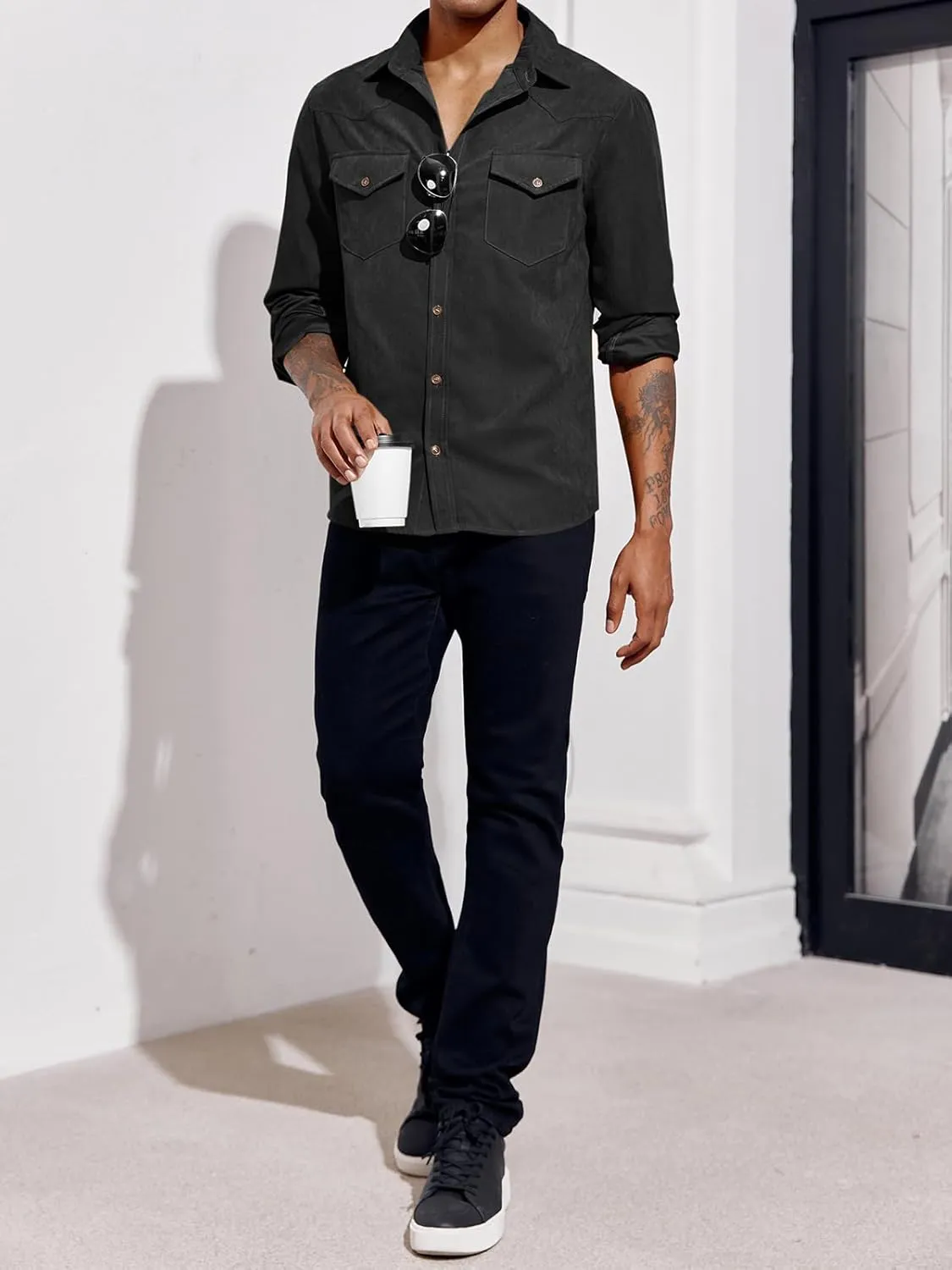 Runcati Mens Long Sleeve Suede Shirts Button Down Shacket Casual Work Western Regular Fit Shirt Jacket