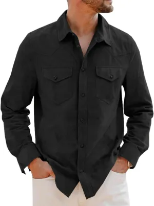 Runcati Mens Long Sleeve Suede Shirts Button Down Shacket Casual Work Western Regular Fit Shirt Jacket