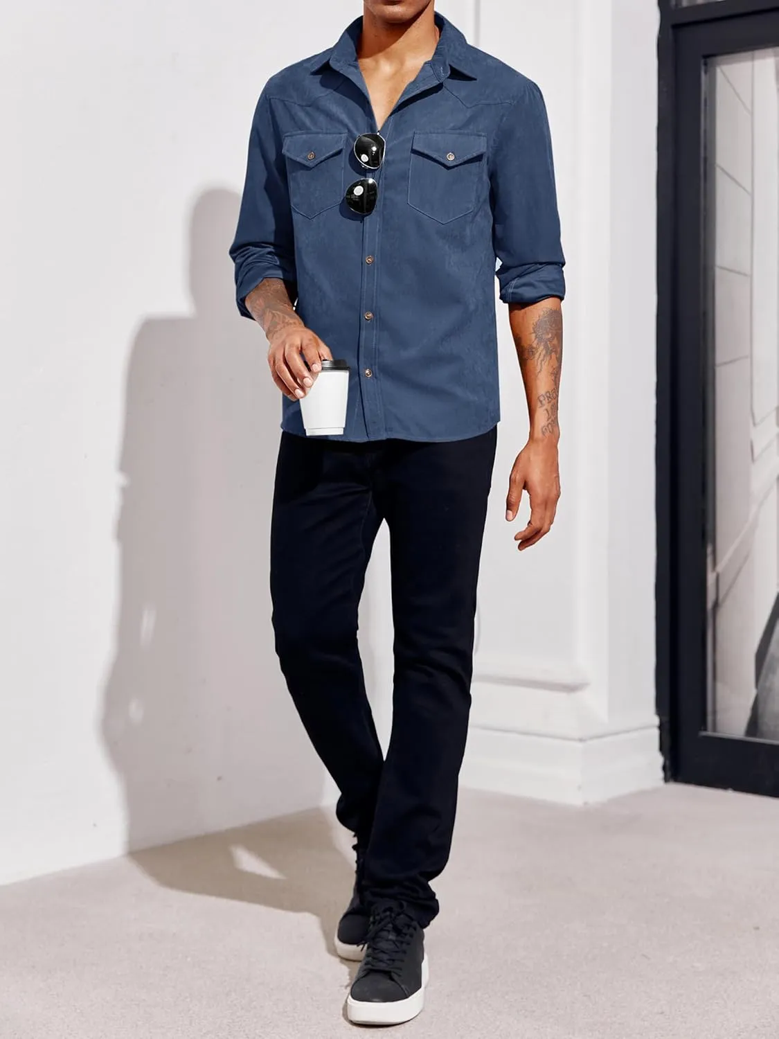 Runcati Mens Long Sleeve Suede Shirts Button Down Shacket Casual Work Western Regular Fit Shirt Jacket