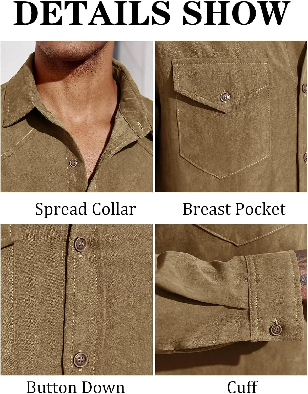 Runcati Mens Long Sleeve Suede Shirts Button Down Shacket Casual Work Western Regular Fit Shirt Jacket