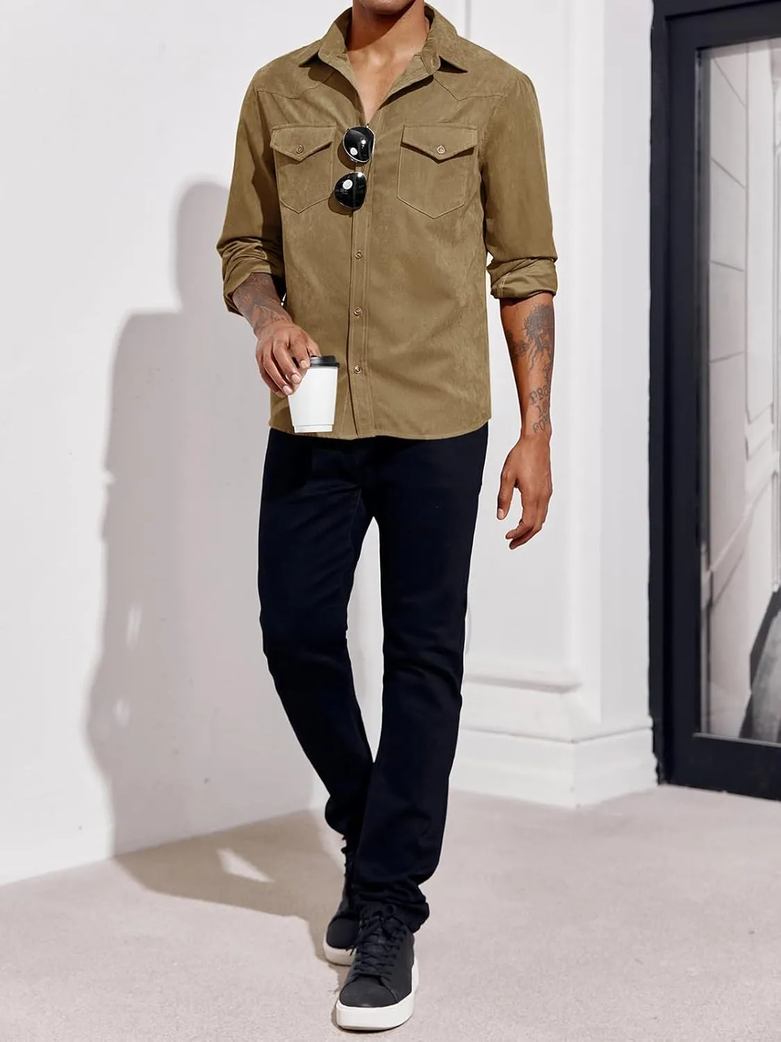 Runcati Mens Long Sleeve Suede Shirts Button Down Shacket Casual Work Western Regular Fit Shirt Jacket