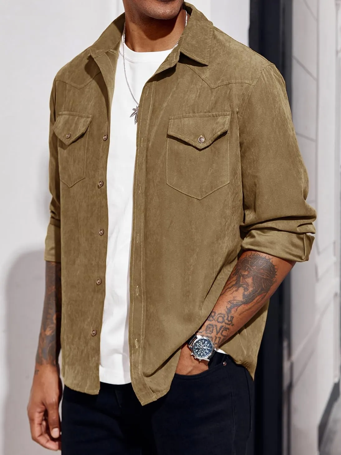 Runcati Mens Long Sleeve Suede Shirts Button Down Shacket Casual Work Western Regular Fit Shirt Jacket