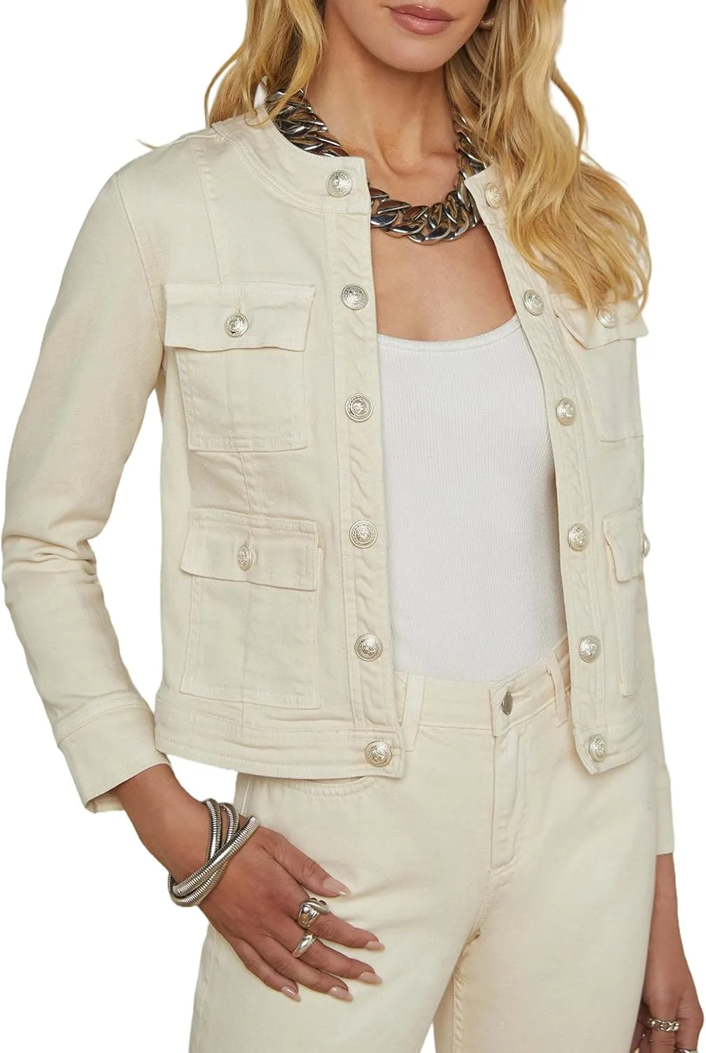 SCOFEEL Women's Denim Jacket Long Sleeve Round Neck Embossed Button Open Front Jean Jacket with Pockets