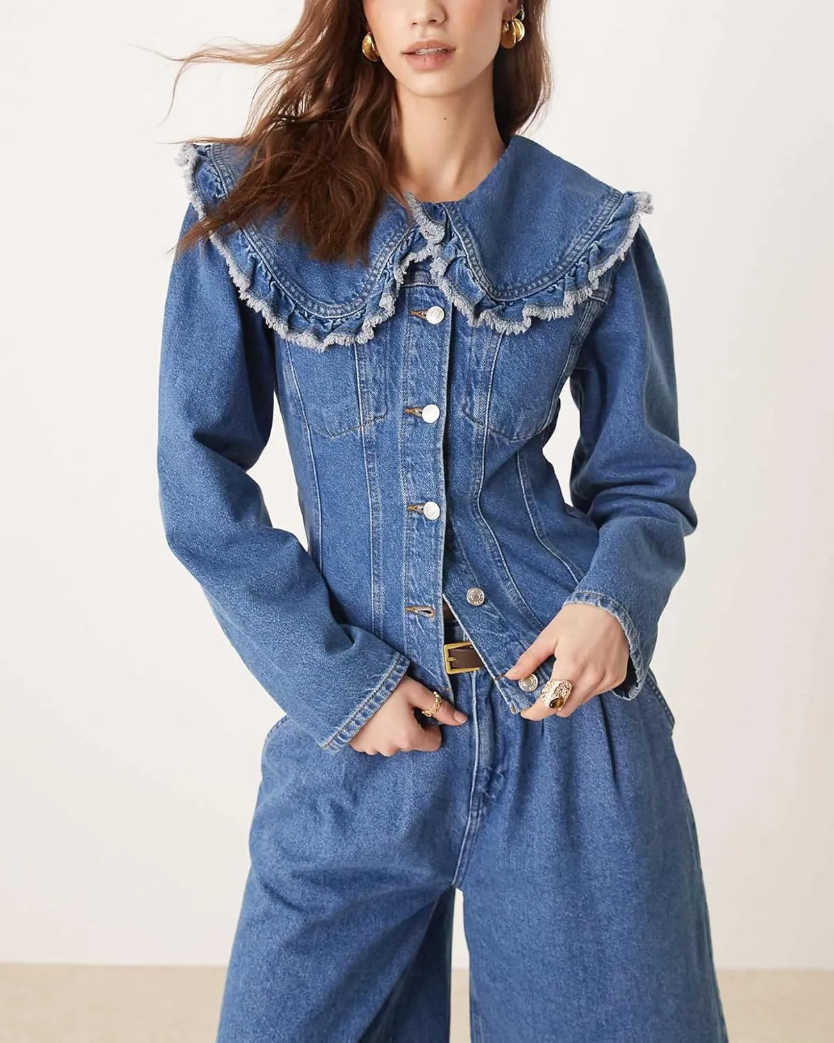 SCOFEEL Women's Denim Jacket Long Sleeve Spread Collar Button Down Jacket Trendy Ruffle Trim Jean Coat