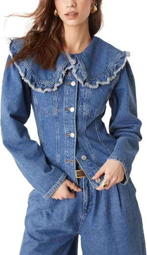 SCOFEEL Women's Denim Jacket Long Sleeve Spread Collar Button Down Jacket Trendy Ruffle Trim Jean Coat