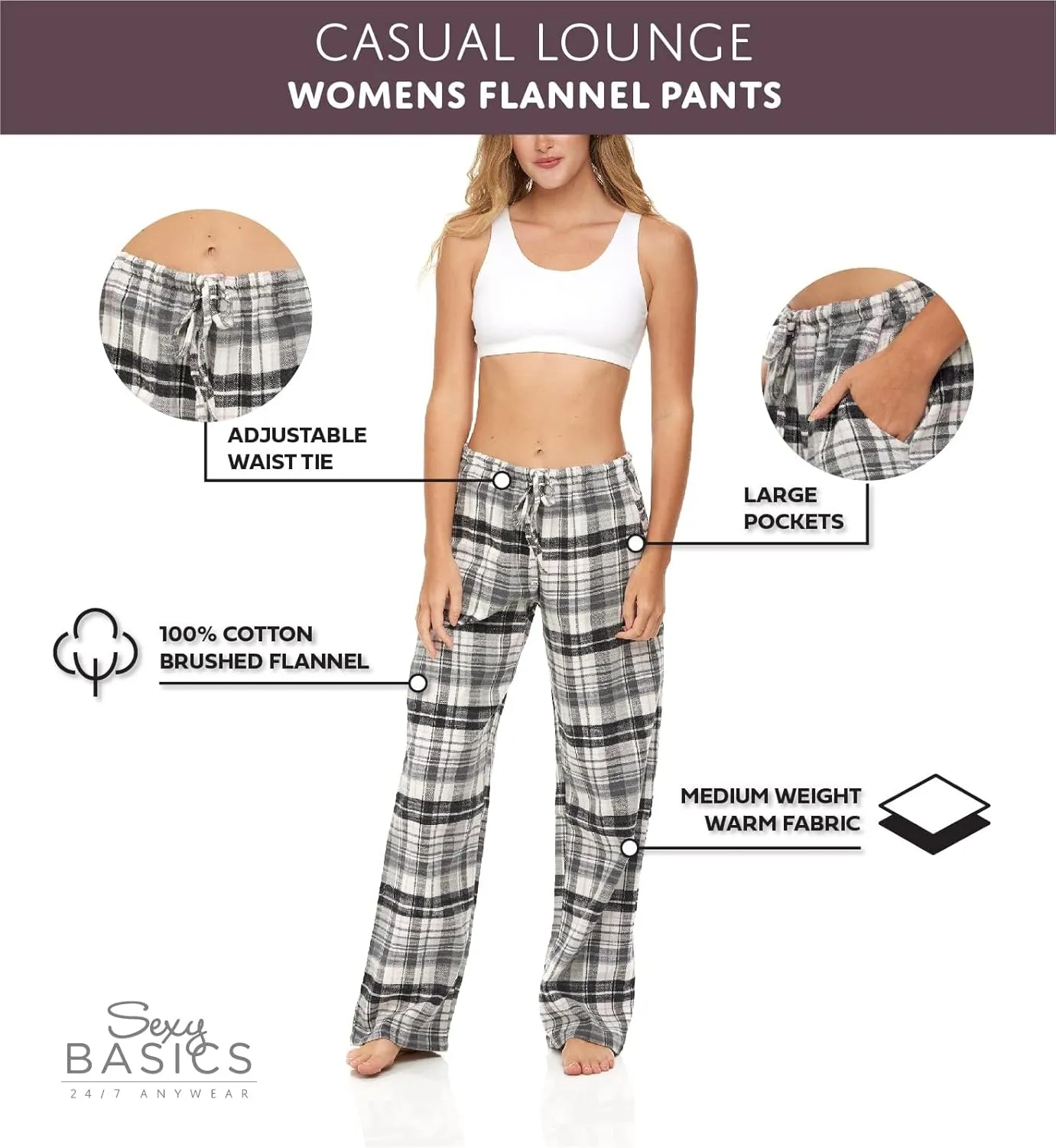 Sexy Basics Women's Lounge & Sleep PJ Pants/Soft Flannel Cotton Brush Long Pants - 3 Pack