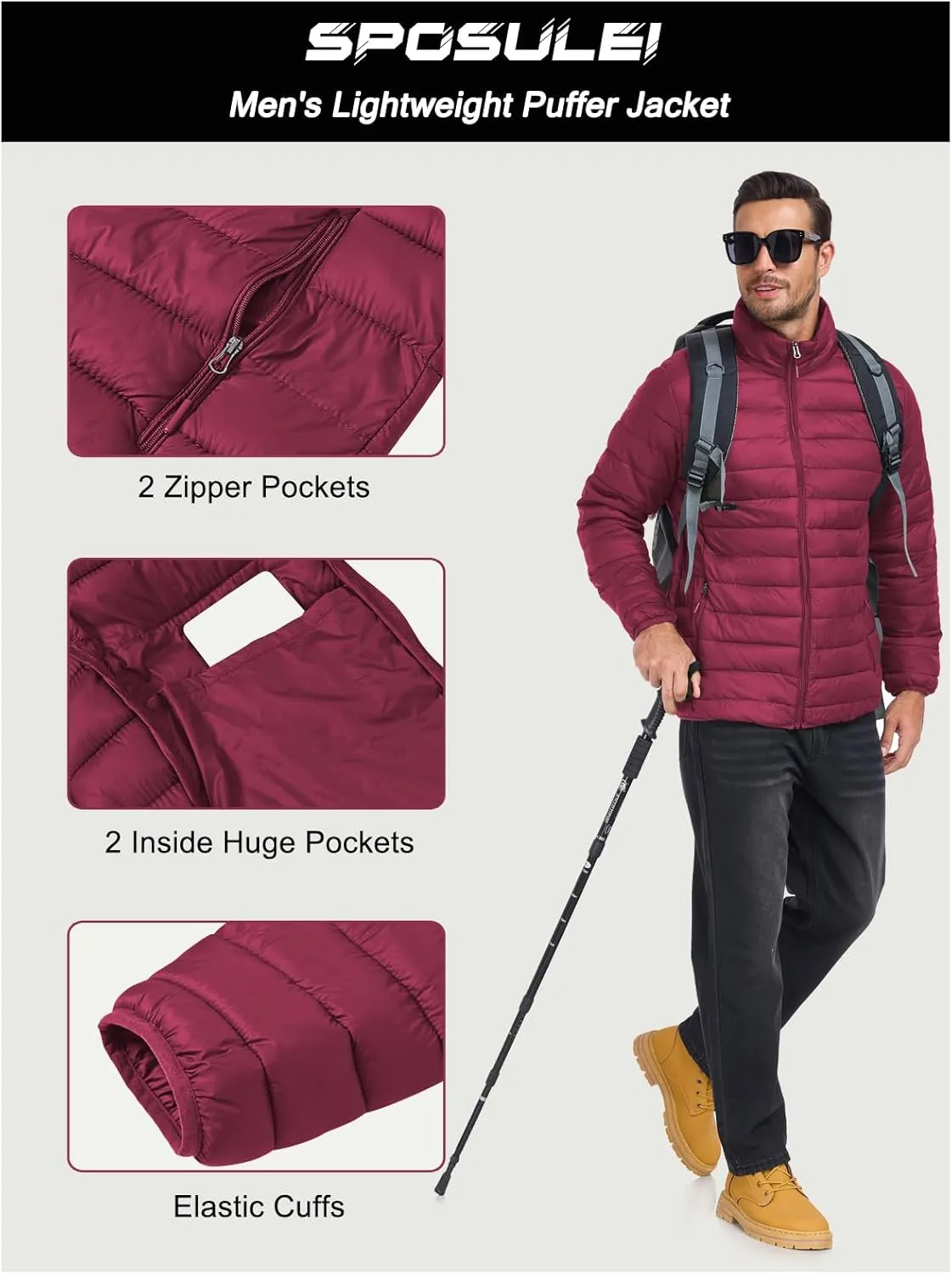 SPOSULEI Men Puffer Down Jacket Packable Lightweight Winter Jackets Coats Outdoor Waterproof Insulated Jackets