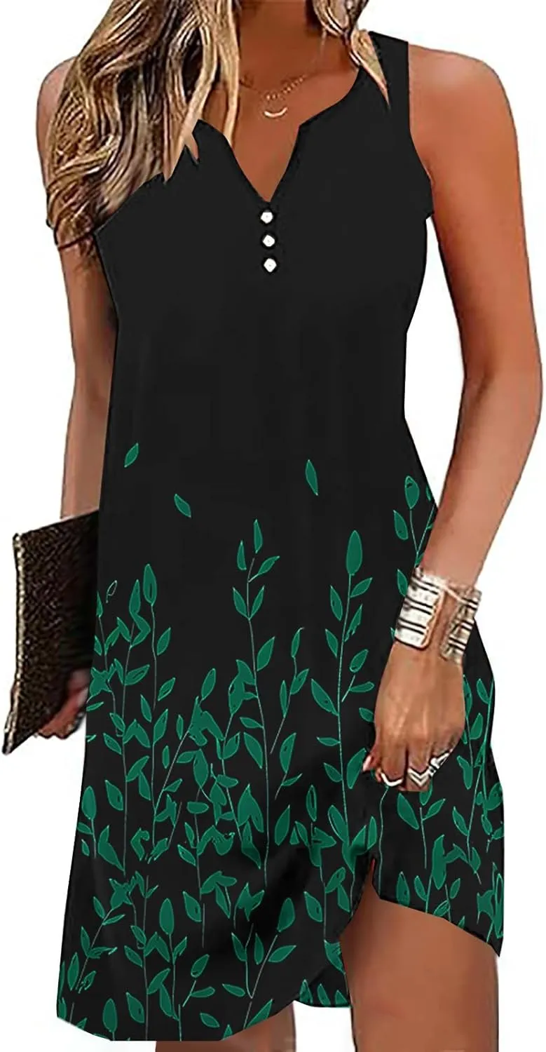 Summer Dresses for Women 2025 Beach Vacation Boho Floral Tunic Dress Sexy v Neck Sleeveless Mini Tank Sundress