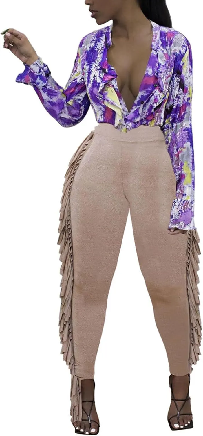 Tcremisa Women's Casual Fringe Pants High Waist Side Tassel Trousers Long Lounge Joggers Hippie Yoga Sweatpants