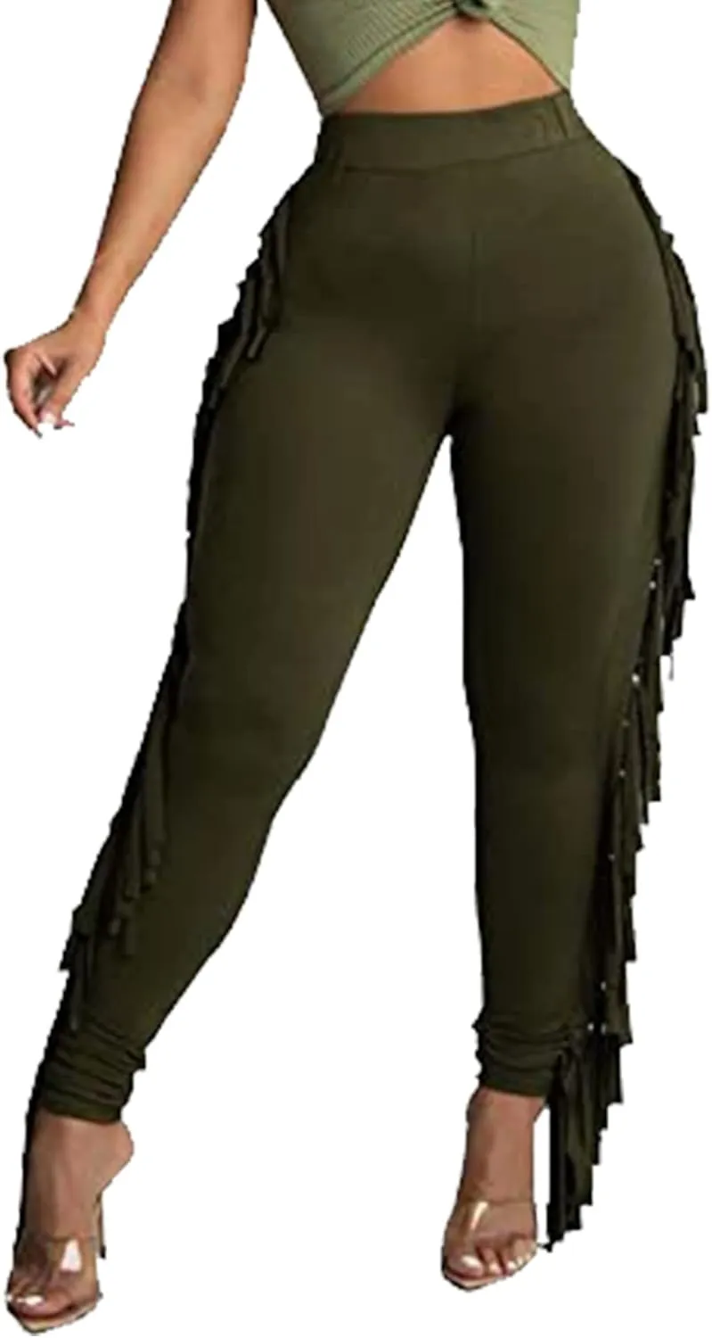 Tcremisa Women's Casual Fringe Pants High Waist Side Tassel Trousers Long Lounge Joggers Hippie Yoga Sweatpants