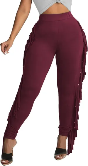 Tcremisa Women's Casual Fringe Pants High Waist Side Tassel Trousers Long Lounge Joggers Hippie Yoga Sweatpants