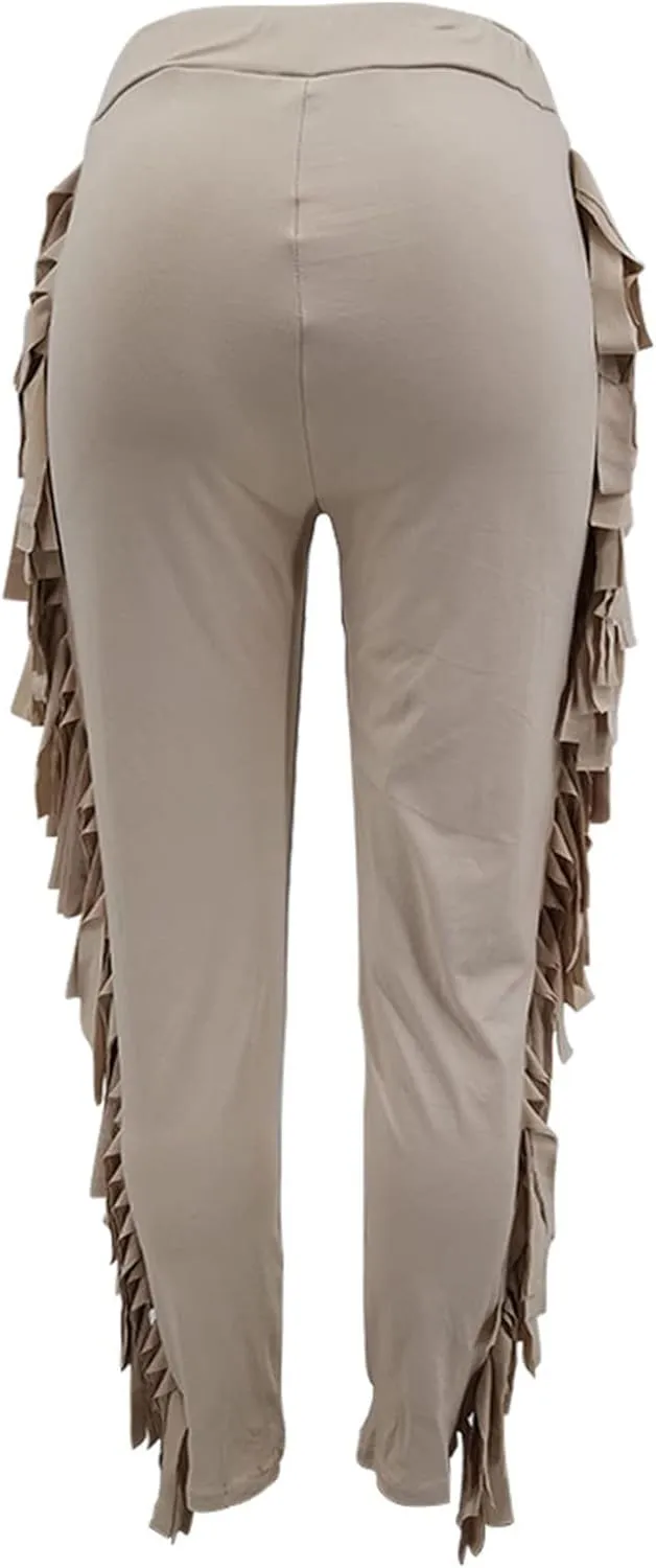 Tcremisa Women's Casual Fringe Pants High Waist Side Tassel Trousers Long Lounge Joggers Hippie Yoga Sweatpants