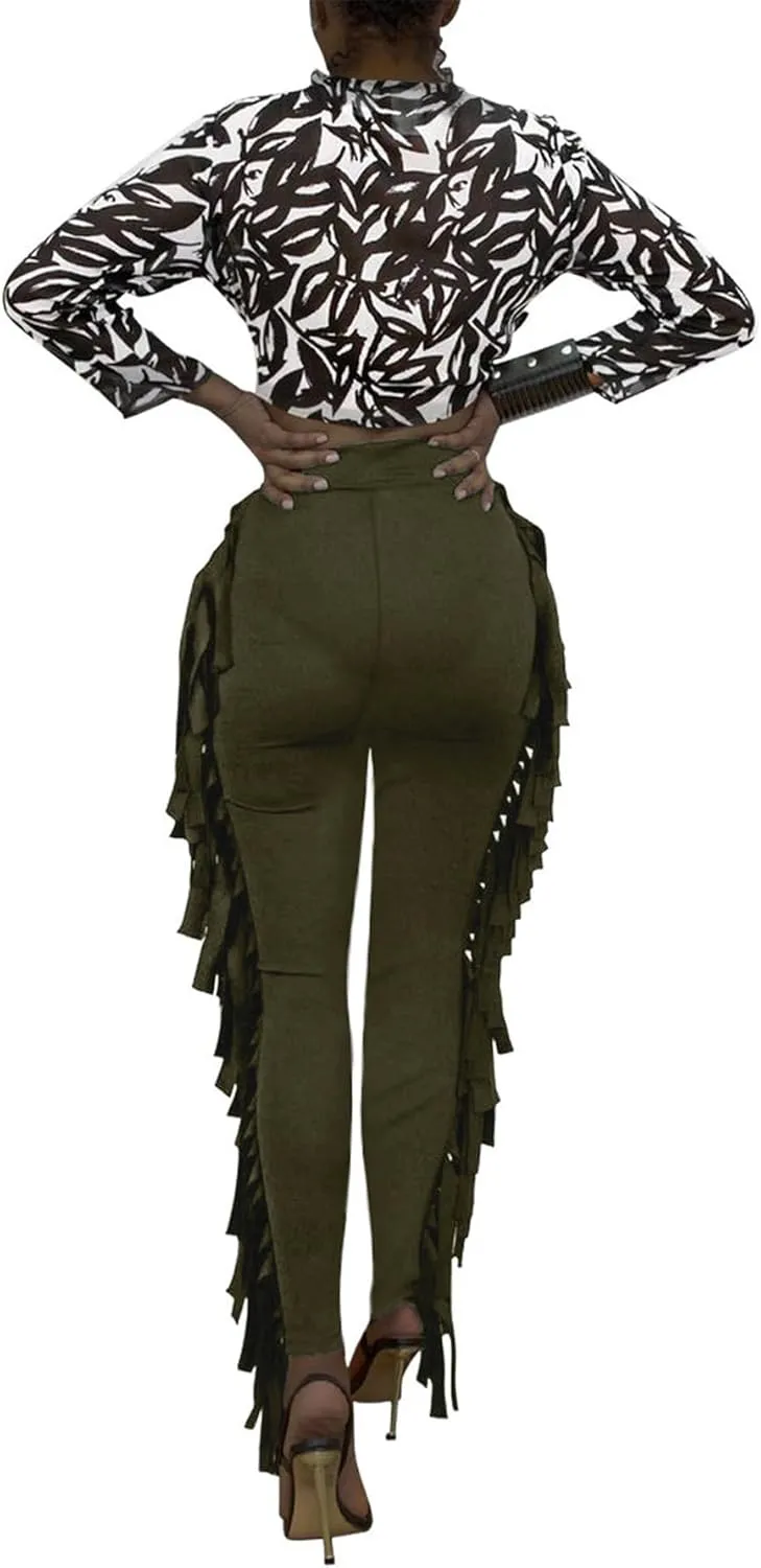 Tcremisa Women's Casual Fringe Pants High Waist Side Tassel Trousers Long Lounge Joggers Hippie Yoga Sweatpants
