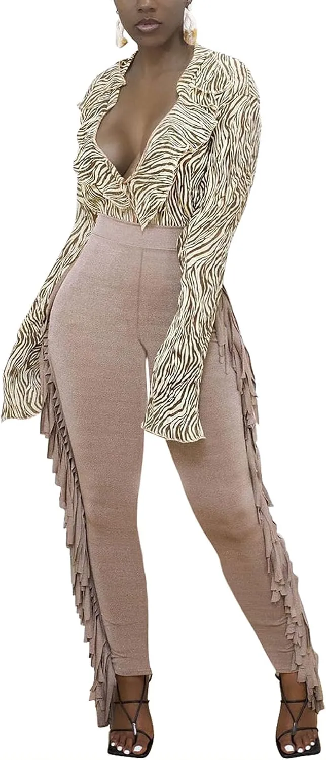 Tcremisa Women's Casual Fringe Pants High Waist Side Tassel Trousers Long Lounge Joggers Hippie Yoga Sweatpants