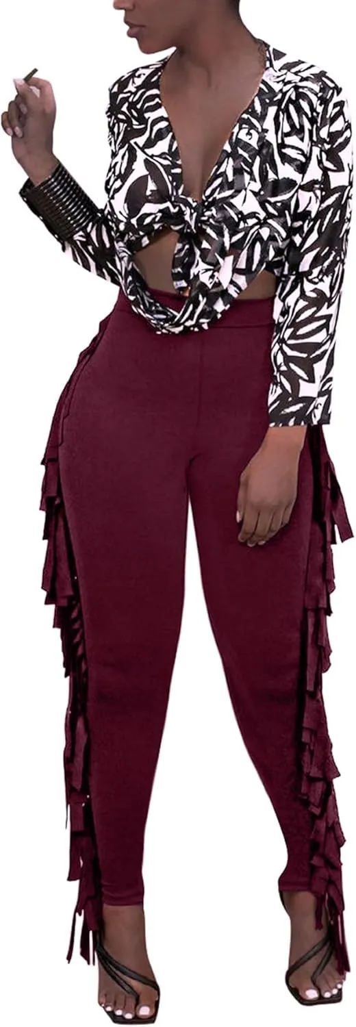 Tcremisa Women's Casual Fringe Pants High Waist Side Tassel Trousers Long Lounge Joggers Hippie Yoga Sweatpants