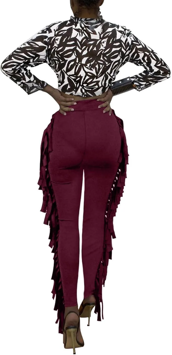 Tcremisa Women's Casual Fringe Pants High Waist Side Tassel Trousers Long Lounge Joggers Hippie Yoga Sweatpants