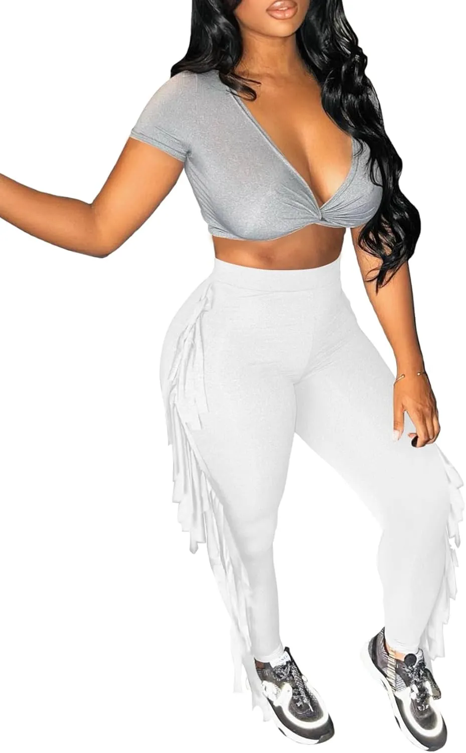 Tcremisa Women's Casual Fringe Pants High Waist Side Tassel Trousers Long Lounge Joggers Hippie Yoga Sweatpants