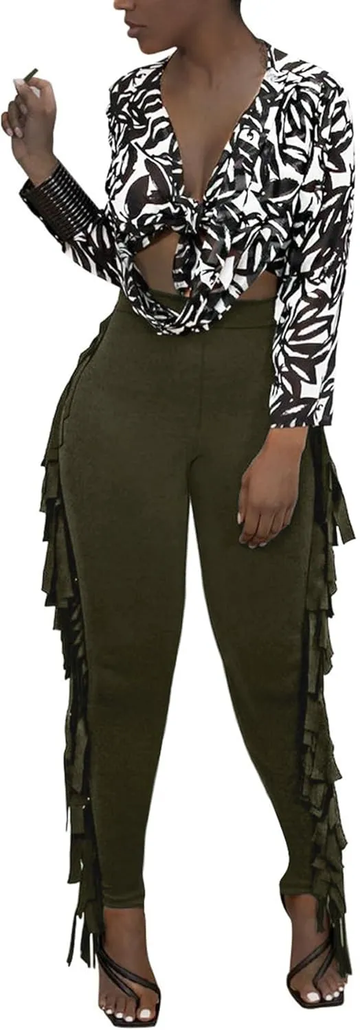 Tcremisa Women's Casual Fringe Pants High Waist Side Tassel Trousers Long Lounge Joggers Hippie Yoga Sweatpants