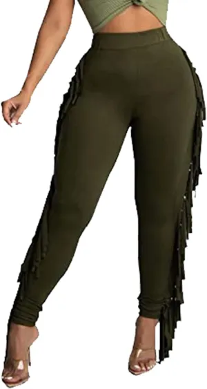 Tcremisa Women's Casual Fringe Pants High Waist Side Tassel Trousers Long Lounge Joggers Hippie Yoga Sweatpants