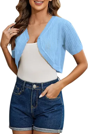 Totatuit Women's Short Sleeve Cropped Cardigan Open Front Bolero Shrugs for Dresses Crochet Button Down Sweaters