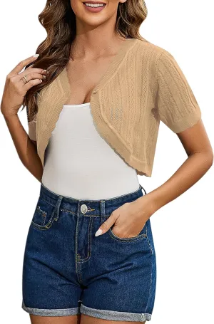 Totatuit Women's Short Sleeve Cropped Cardigan Open Front Bolero Shrugs for Dresses Crochet Button Down Sweaters