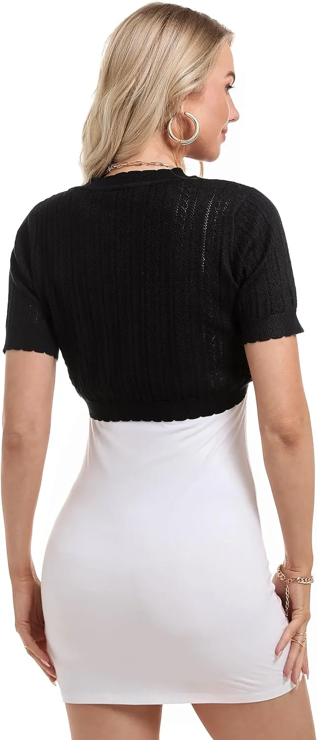 Totatuit Women's Short Sleeve Cropped Cardigan Open Front Bolero Shrugs for Dresses Crochet Button Down Sweaters
